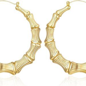 Gold Plated Bamboo Hoop Earrings for Women, 50mm, Large Round Heart, 90s Retro G
